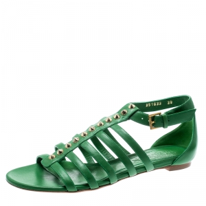 Pre Owned Alexander McQueen Green Leather Spike Detail Flat Gladiator Sandals Size 39