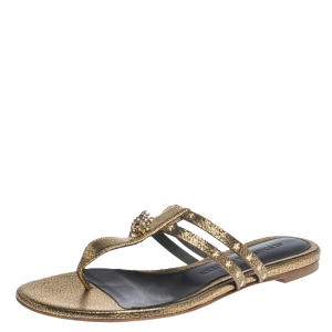 Pre Owned Alexander McQueen Metallic Gold Leather Embellished Skull Flat Thong Sandals Size 37