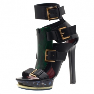 Alexander McQueen Black Plexi Plaque Strappy Platform Sandals Size 39