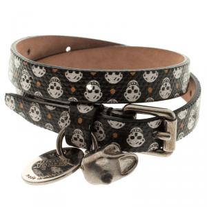 Pre Owned Alexander McQueen Black Skull Printed Leather Double Wrap Skull Charm Bracelet 