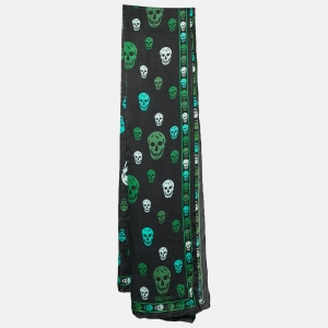 Pre Owned Alexander McQueen Black/Green Skull Print Silk Scarf