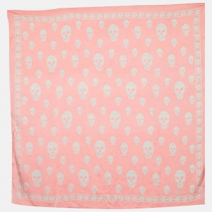 Pre Owned Alexander McQueen Pink/Grey Skull Print Silk Scarf