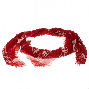 Pre Owned Alexander McQueen Red Skull Print Modal Cashmere Fringed Scarf 