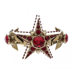 Pre Owned Alexander McQueen Star Skull Red Crystal Open Cuff Bracelet S