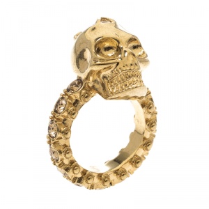 Pre Owned Alexander McQueen Skull Crystal Embedded Gold Tone Ring Size 52.5