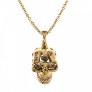 Pre Owned Alexander McQueen Crystal Embedded Gold Tone Skull Pendant Necklace