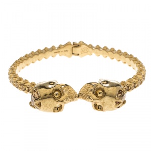 Pre Owned Alexander McQueen Twin Crystal Embedded Skull Gold Tone Cuff Bracelet