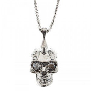 Pre Owned Alexander McQueen Crystal Embedded Silver Tone Skull Pendant Necklace