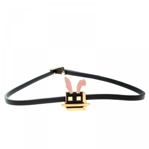 Pre Owned MCQ Alexander McQueen Mini Electro Bunny Enamel Black Leather Wrap Bracelet