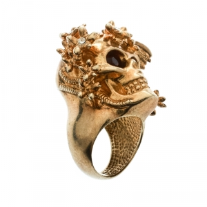 Pre Owned Alexander McQueen Skull Crystal Flower Gold Tone Cocktail Ring Size 52