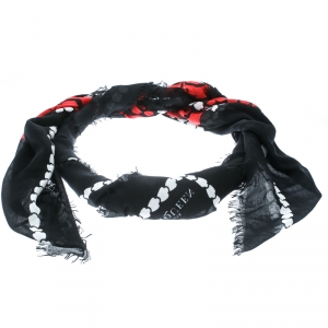 Pre Owned Alexander McQueen Black Floral and Skull Printed Fringed Edge Scarf