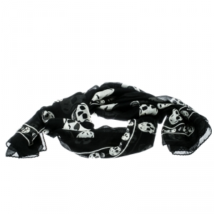 Pre Owned Alexander McQueen Black and White Skull Print Silk Chiffon Scarf