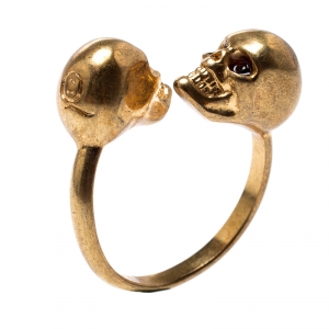 Pre Owned McQ by Alexander McQueen Twin Skull Bypass Gold Tone Ring Size 54.5