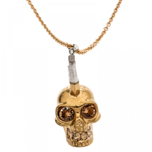 Pre Owned Alexander Mcqueen Mohawk Skull Crystal Studded Gold Tone Necklace 