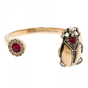 Pre Owned Alexander McQueen Gold Tone Crystal Embellished Beetle Cuff Bracelet S