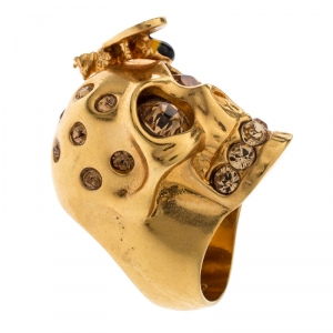 Alexander McQueen Bee Crystal Studded Skull Gold Tone Ring Size 54