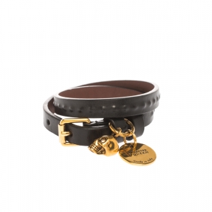 Pre Owned Alexander McQueen Black Leather Gold Tone Double Wrap Skull Charm Bracelet 