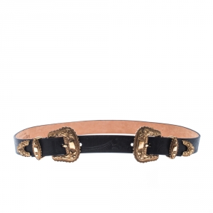 Pre Owned Alexander McQueen Black Leather Double Buckle Belt 80CM