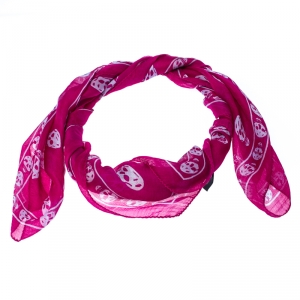 Pre Owned Alexander McQueen Fuchsia Skull Print Silk Chiffon Scarf