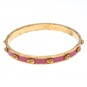 Pre Owned Alexander McQueen Pink Enamel 3D Skull Gold Tone Bangle Bracelet