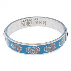 Pre Owned Alexander McQueen Blue Skull Enamel Silver Tone Bangle Bracelet