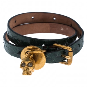 Pre Owned Alexander McQueen Crystal Skull Charm Green Leather Double Wrap Bracelet