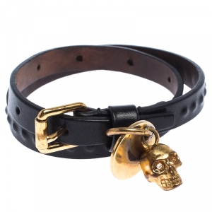 Pre Owned Alexander McQueen Black Leather Gold Tone Double Wrap Skull Charm Bracelet 