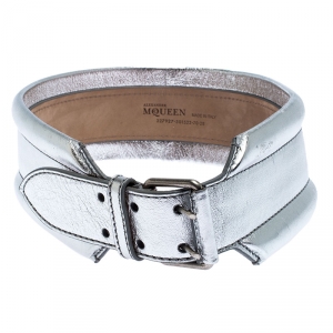 Pre Owned Alexander McQueen Silver Metallic Leather Belt 70 CM