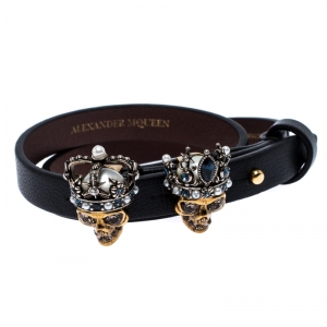Pre Owned Alexander McQueen Black Leather King & Queen Skull Double Tour Bracelet