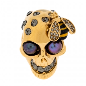 McQ by Alexander McQueen Gold Tone Crystal Skull and Bee Cocktail Ring Size EU 54.5