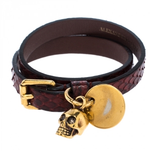 Pre Owned Alexander McQueen Snakeskin Leather Gold Tone Skull Charm Wrap Bracelet