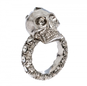 Pre Owned Alexander McQueen Skull Crystal Embedded Silver Tone Ring Size 51