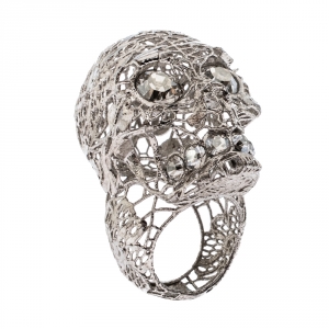 Pre Owned McQ by Alexander McQueen Crystal and Silver Plated Filigree Skull Ring EU 52.5
