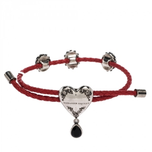 Pre Owned Alexander McQueen Heart Charm Friendship Crystal Red Braided Leather Adjustable Bracelet