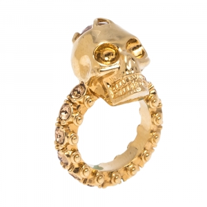 Pre Owned Alexander McQueen Skull Crystal Embedded Gold Tone Ring Size 51