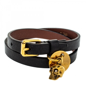 Alexander McQueen Black Leather Skull Charm Double Wrap Bracelet