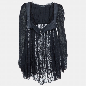 Pre Owned Alexander McQueen Black Patterned Silk Blend Pleated Mini Dress M