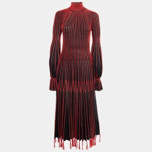 Alexander McQueen Black/Red Stripe Knit Plisse Midi Dress M