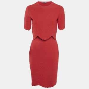 Alexander McQueen Red Textured Stretch Knit Scallop Hem Top and Skirt Set M/XS