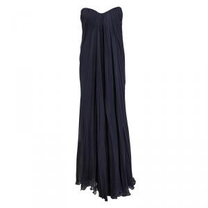 Pre Owned Alexander Mc Queen Navy Blue Silk Chiffon Draped Strapless Dress M