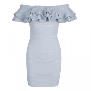 Alexander McQueen Blue Perforated Knit Ruffle Detail Off Shoulder Dress S