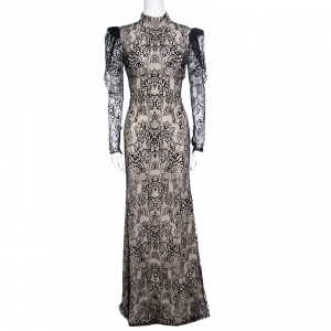 Alexander McQueen Beige and Black Backless Butterfly Lace Gown S