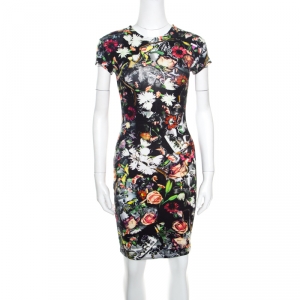 Pre Owned McQ by Alexander McQueen Black Floral Printed Knit Bodycon Dress XXS