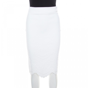 Pre Owned Alexander McQueen White Stretch Knit Floral Embossed Scalloped Hem Pencil Skirt S