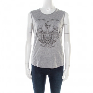Pre Owned Alexander McQueen Grey Skeleton Printed Cotton Jersey Tank Top S