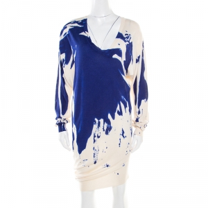 Pre Owned Alexander McQueen Abstract Print Cashmere Silk Asymmetric Sweater Dress S