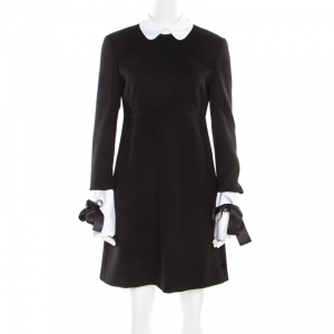 Pre Owned Alexander McQueen Black Wool Contrast Trim Peter Pan Collar Sheath Dress M