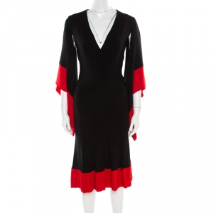 Pre Owned Alexander McQueen Black and Red Cutout Draped Sleeve Detail Dress M