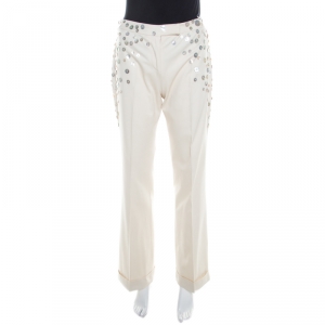 Pre Owned Alexander McQueen Beige Cotton Mother of Pearl Button Embellished Flared Trousers M