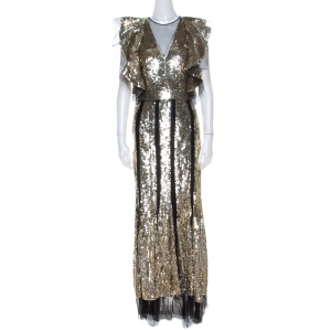 Alexander McQueen Gold Sequin & Tulle Ruffle Detail Gown S